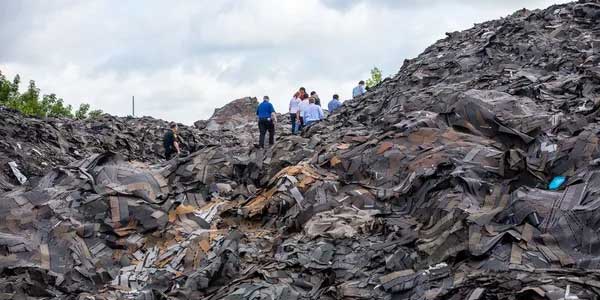 Group standing on pile of trash